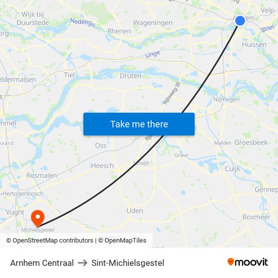 Arnhem Centraal to Sint-Michielsgestel map