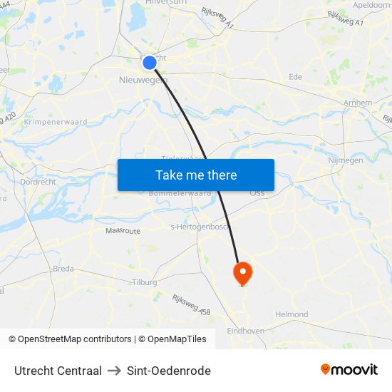 Utrecht Centraal to Sint-Oedenrode map