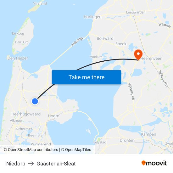 Niedorp to Gaasterlân-Sleat map
