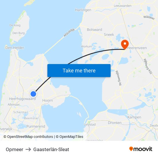 Opmeer to Gaasterlân-Sleat map