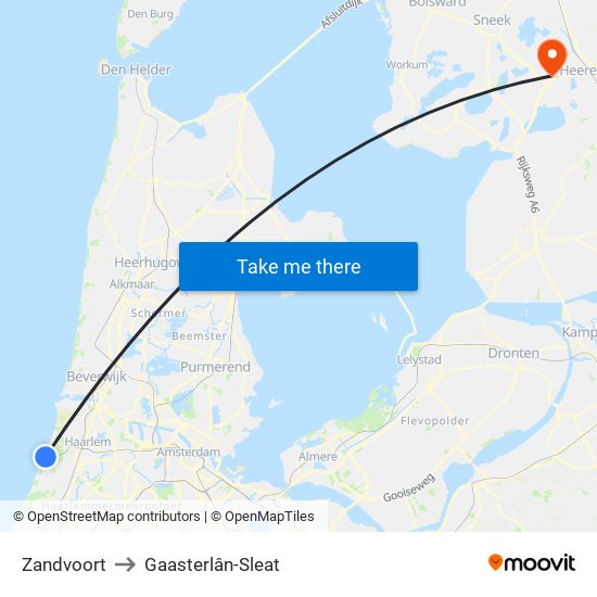 Zandvoort to Gaasterlân-Sleat map