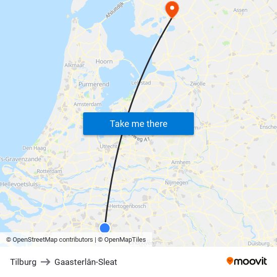 Tilburg to Gaasterlân-Sleat map