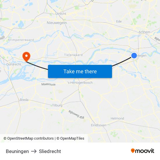 Beuningen to Sliedrecht map