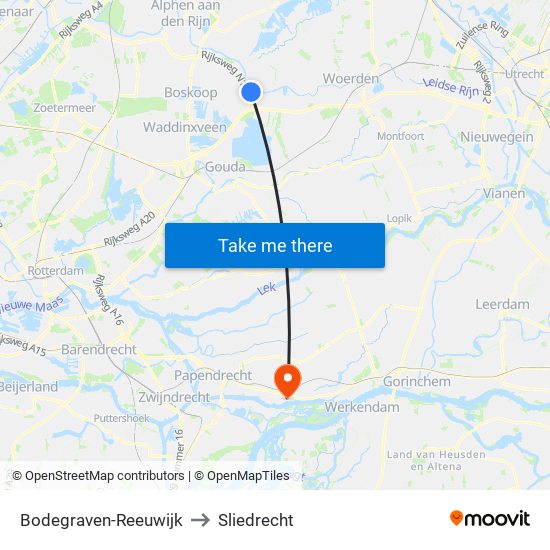 Bodegraven-Reeuwijk to Sliedrecht map