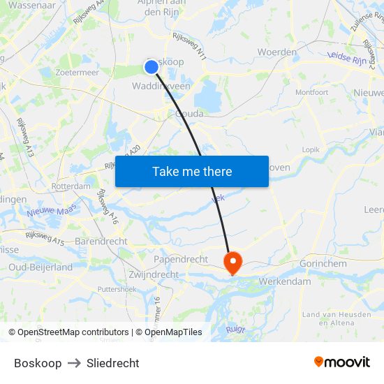 Boskoop to Sliedrecht map