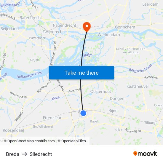 Breda to Sliedrecht map