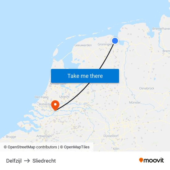 Delfzijl to Sliedrecht map
