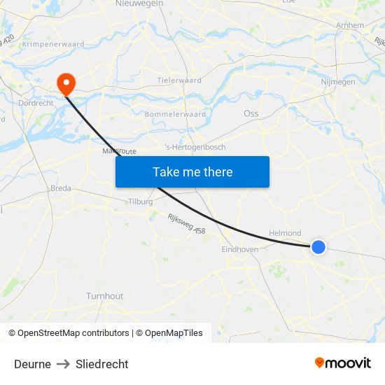 Deurne to Sliedrecht map