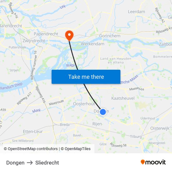 Dongen to Sliedrecht map