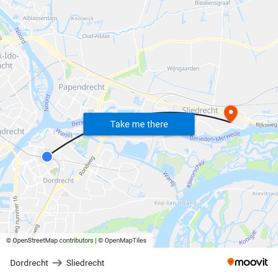 Dordrecht to Sliedrecht map
