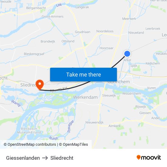 Giessenlanden to Sliedrecht map