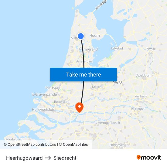 Heerhugowaard to Sliedrecht map