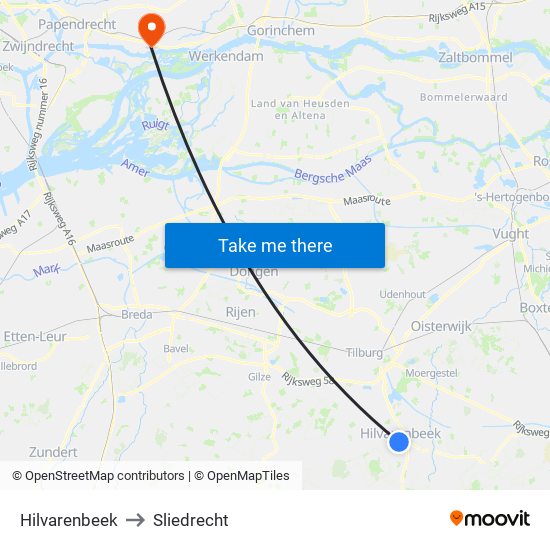 Hilvarenbeek to Sliedrecht map
