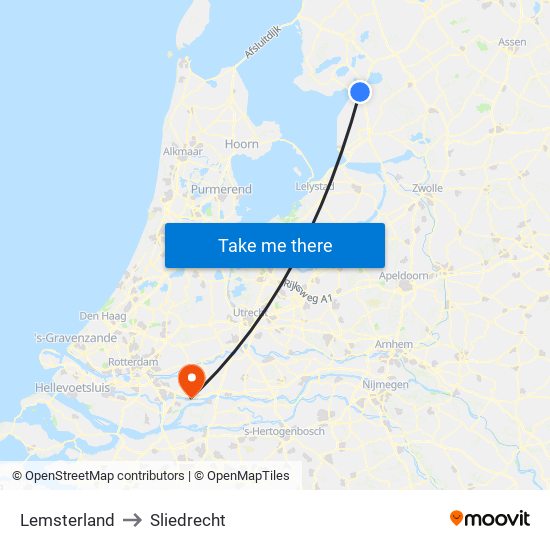 Lemsterland to Sliedrecht map