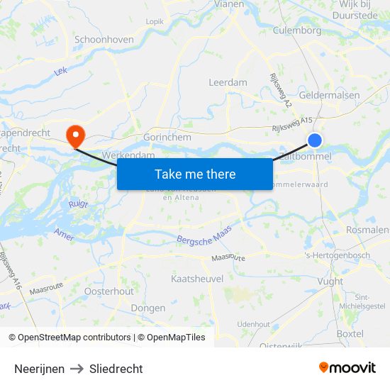 Neerijnen to Sliedrecht map