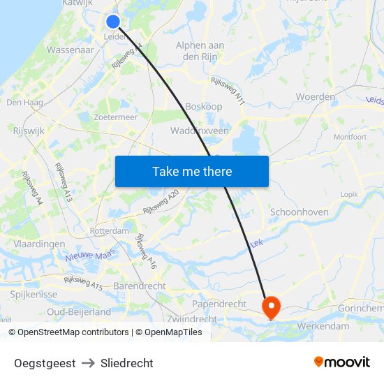 Oegstgeest to Sliedrecht map