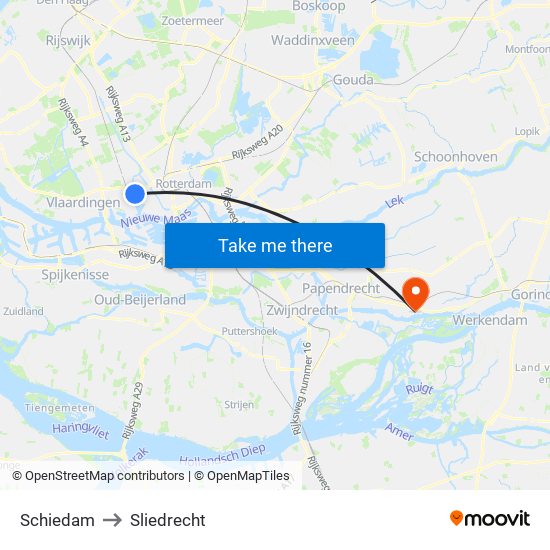 Schiedam to Sliedrecht map