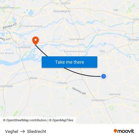 Veghel to Sliedrecht map