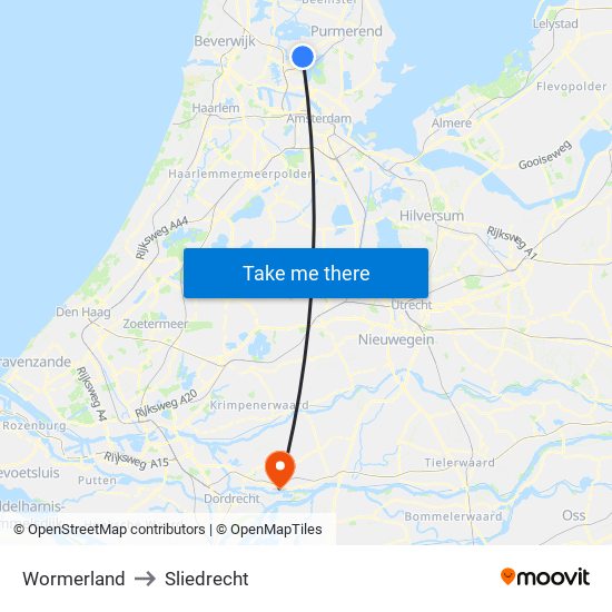 Wormerland to Sliedrecht map