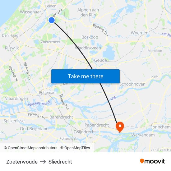 Zoeterwoude to Sliedrecht map