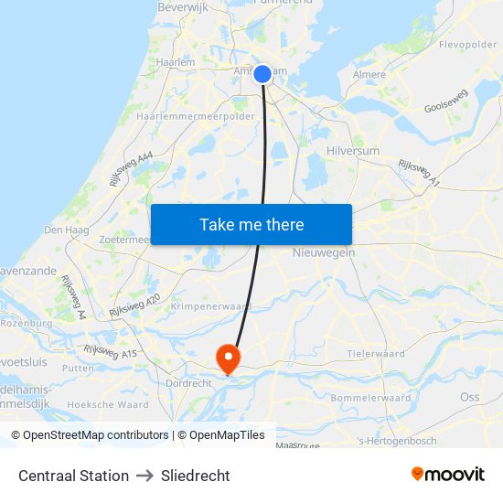 Centraal Station to Sliedrecht map