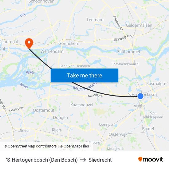 'S-Hertogenbosch (Den Bosch) to Sliedrecht map