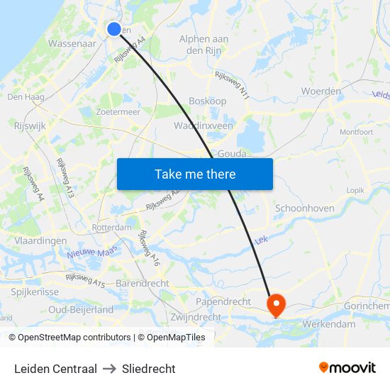 Leiden Centraal to Sliedrecht map