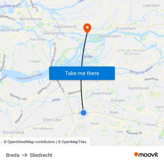 Breda to Sliedrecht map