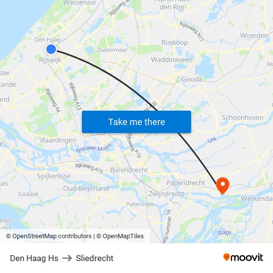 Den Haag Hs to Sliedrecht map