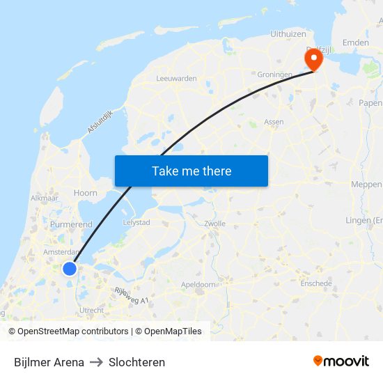 Bijlmer Arena to Slochteren map