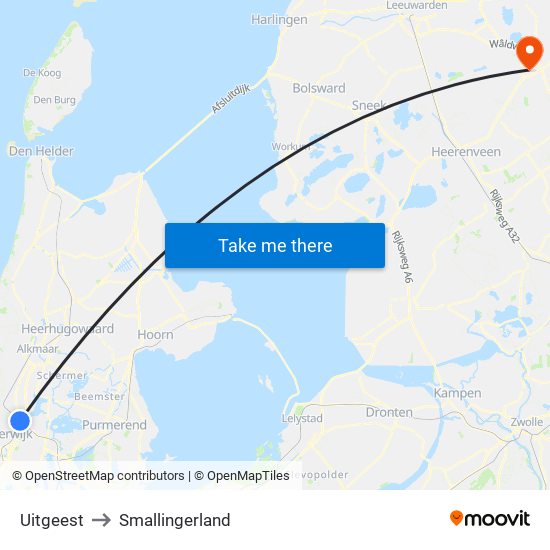 Uitgeest to Smallingerland map