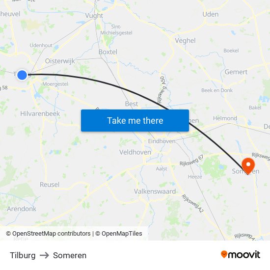 Tilburg to Someren map