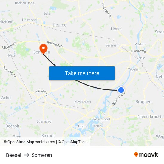 Beesel to Someren map