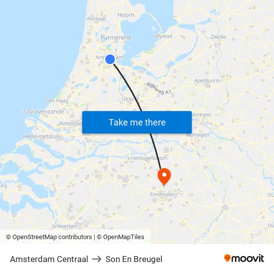 Amsterdam Centraal to Son En Breugel map