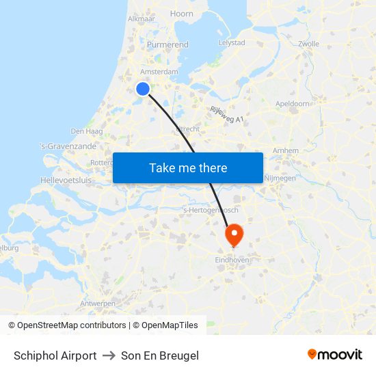 Schiphol Airport to Son En Breugel map