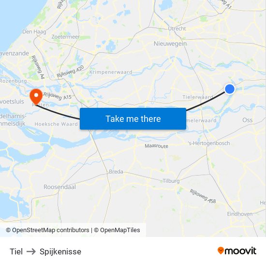 Tiel to Spijkenisse map