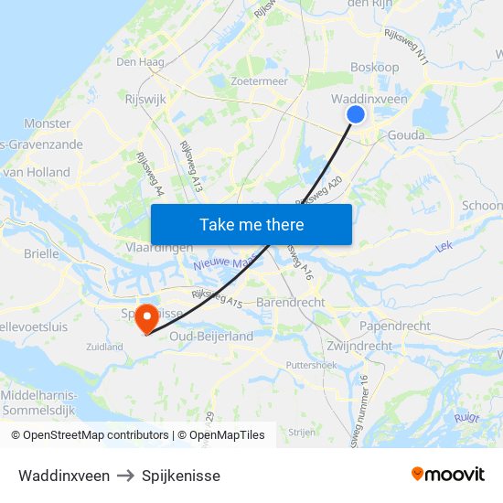 Waddinxveen to Spijkenisse map