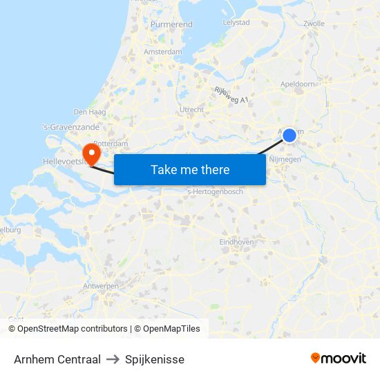 Arnhem Centraal to Spijkenisse map