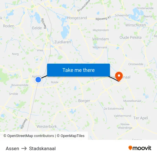Assen to Stadskanaal map