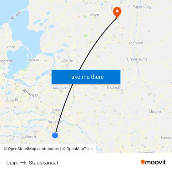 Cuijk to Stadskanaal map