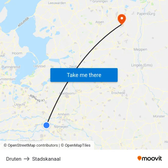 Druten to Stadskanaal map