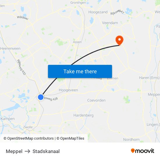 Meppel to Stadskanaal map