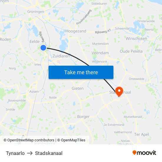 Tynaarlo to Stadskanaal map