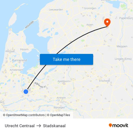 Utrecht Centraal to Stadskanaal map