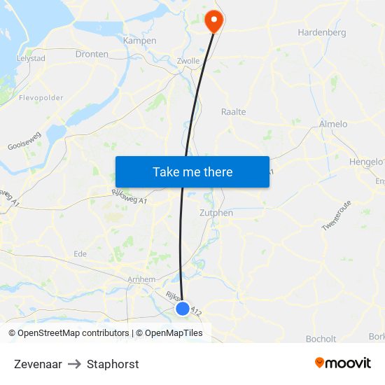 Zevenaar to Staphorst map
