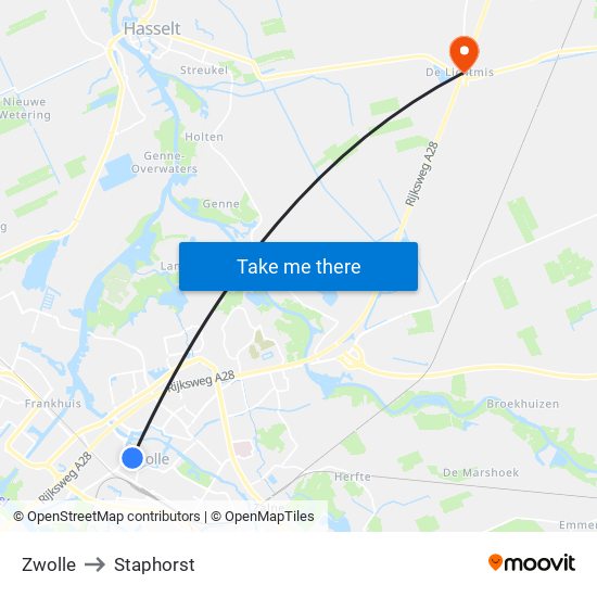 Zwolle to Staphorst map