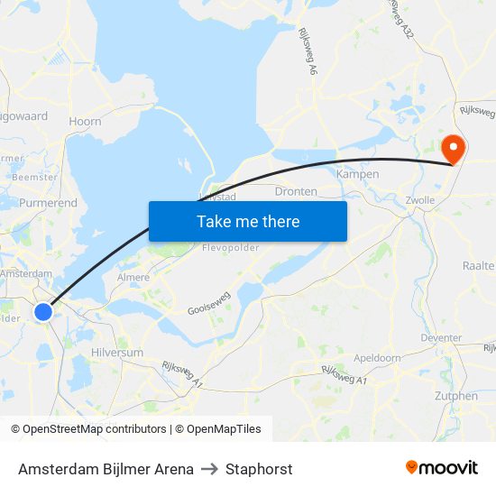 Amsterdam Bijlmer Arena to Staphorst map