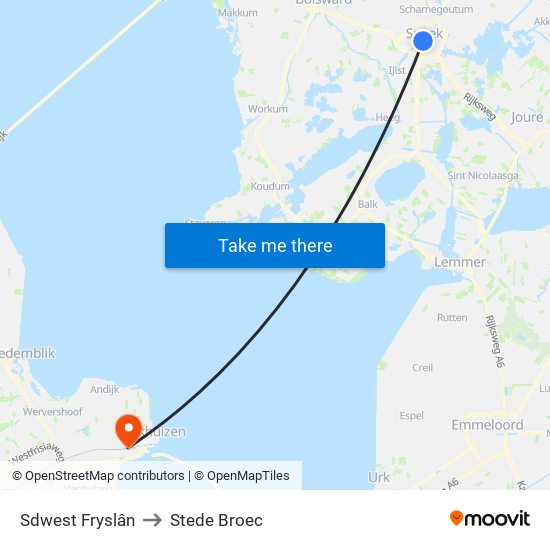 Sdwest Fryslân to Stede Broec map