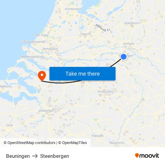 Beuningen to Steenbergen map