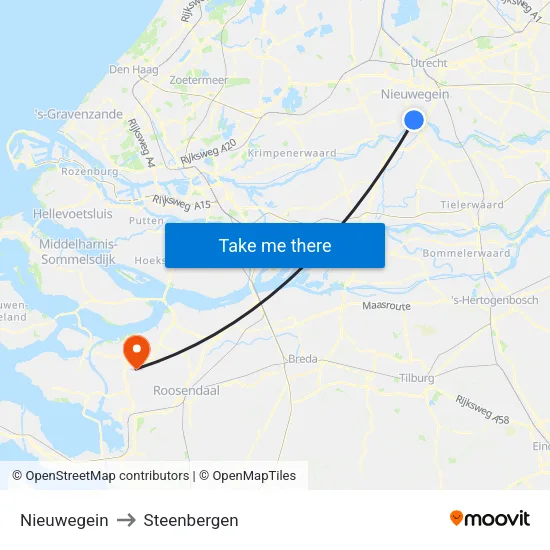Nieuwegein to Steenbergen map